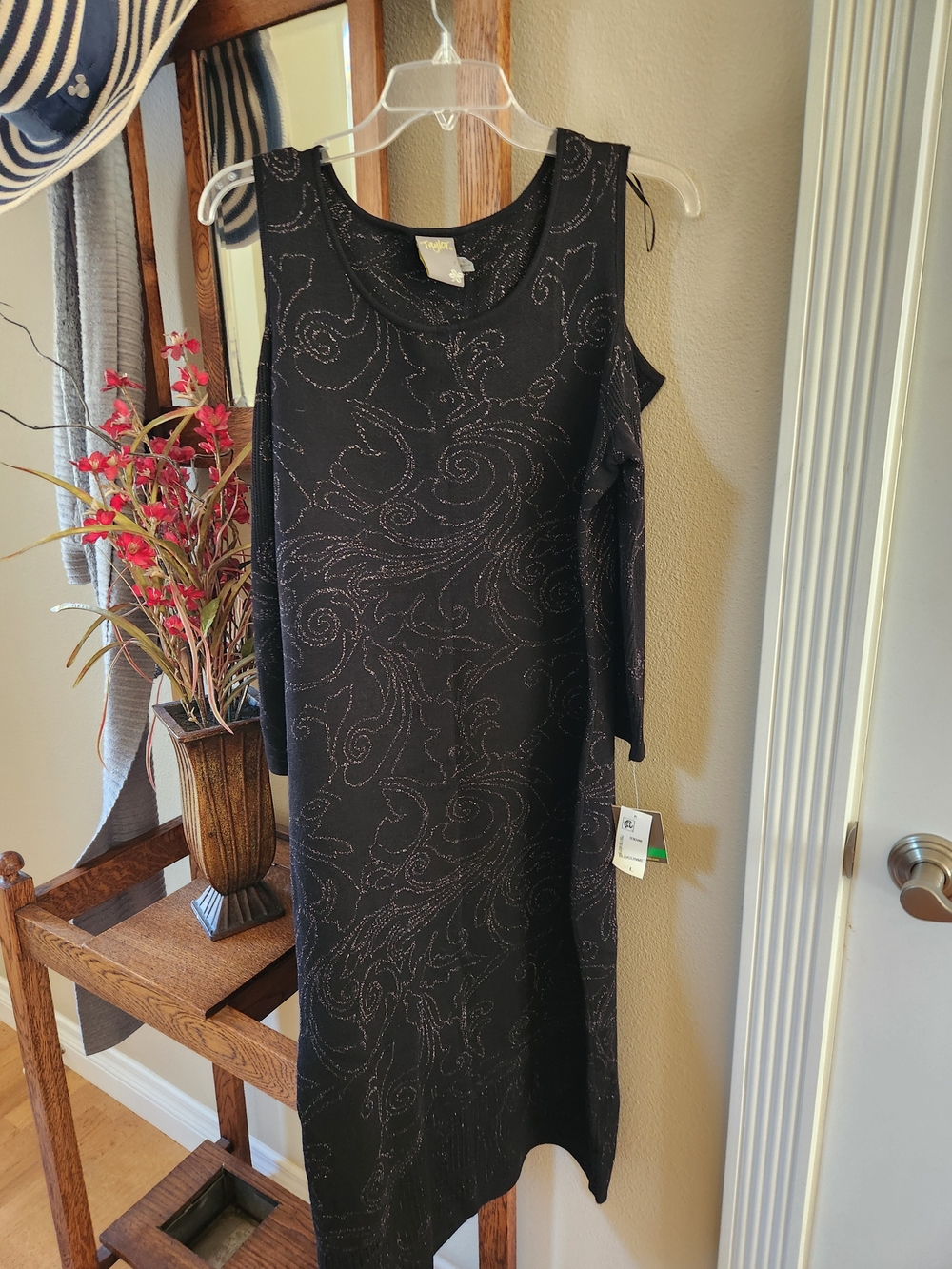 Taylor Elegant Black Cold-Shoulder Midi Dress